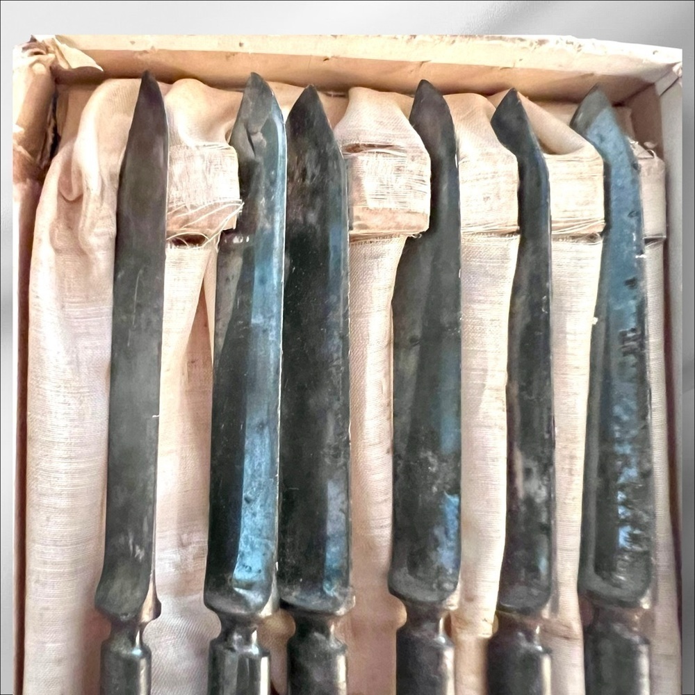 VTG Rogers & Hamilton Silver Plate Fruit Knives Stainless Steel 6 pc Orig Box 6” - Picture 9 of 16
